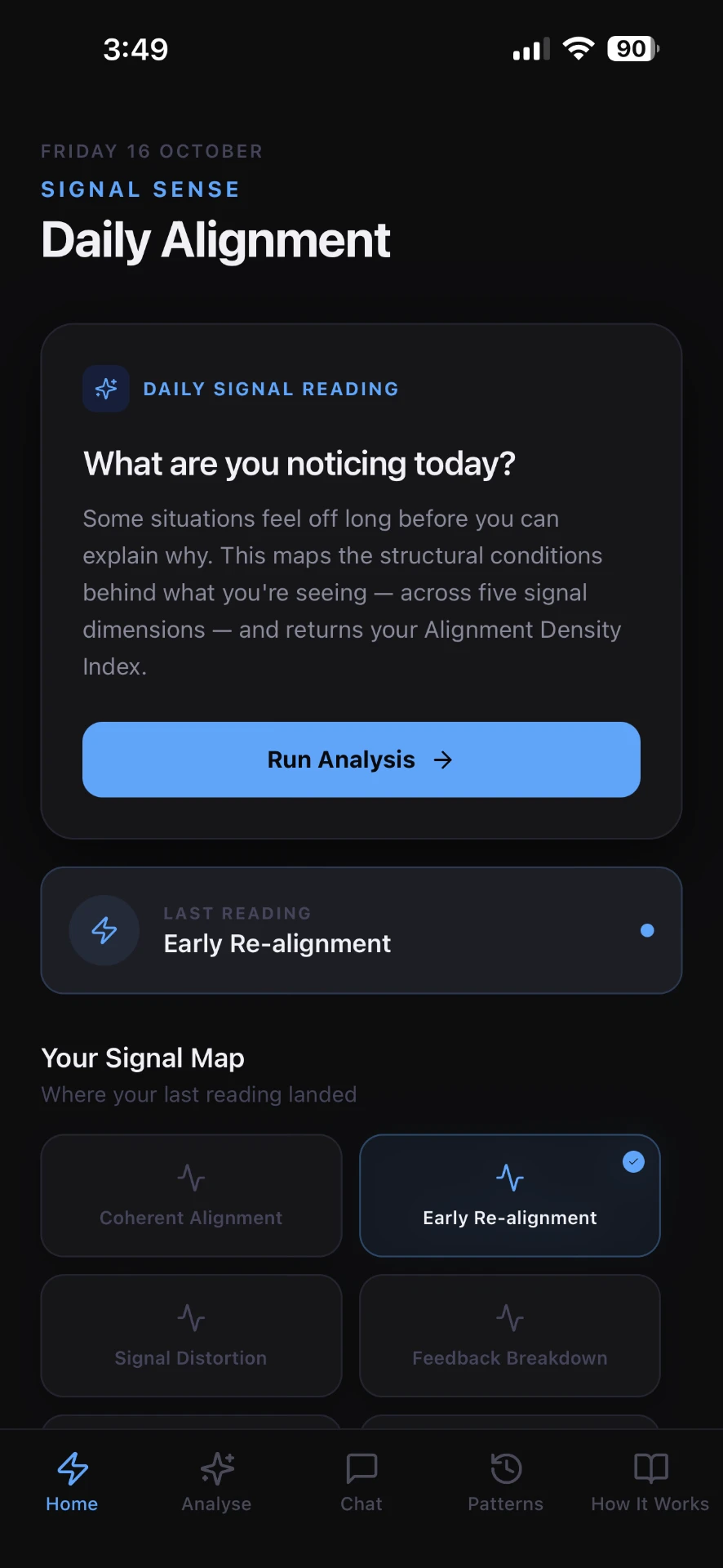 Signal Sense Decode home screen showing the Daily Alignment reading and Your Signal Map